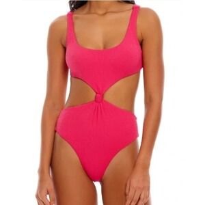 AGUA BENDITA Kasie Smocked Cut‎ Out Knot One Piece Monokini Swimsuit Rose Pink M
